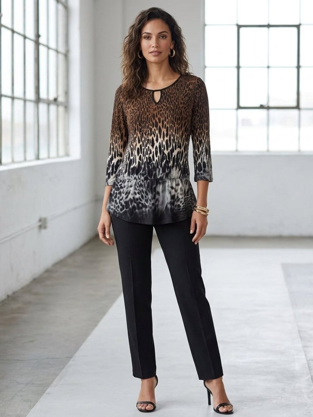 Cato Women's Leopard Print Blouse Size L Peplum Hem Beaded 3/4 Sleeve